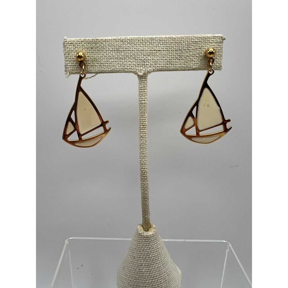 Sailboat Drop Earrings Enamel Nautical Coastal Preppy Cream White Gold Tone